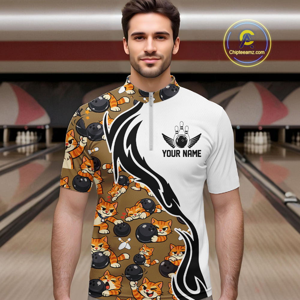 Custom Cute Funny Ginger Tabby Cat Bowling Men Quarter-Zip Shirts, Cat Bowling Team Shirt IPHW10317