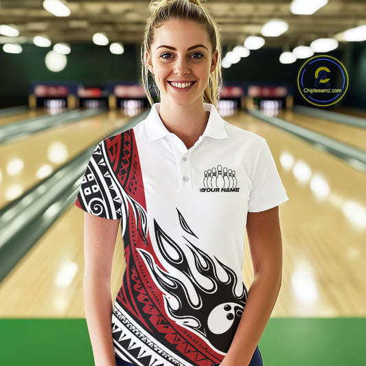 Custom Red Tribal Polynesian Pattern Women Bowling Team Shirt, Maori Style Bowling Outfit IPHW10326