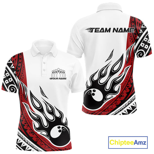 Custom Red Tribal Polynesian Pattern Men Bowling Team Shirt, Maori Style Bowling Outfit IPHW10326