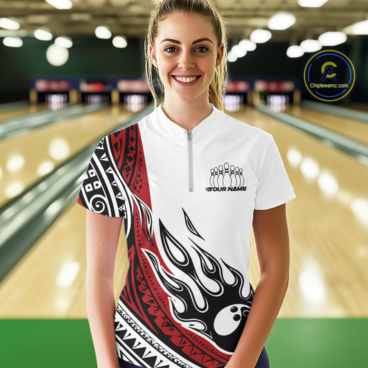 Custom Red Tribal Polynesian Pattern Women Bowling Shirt, Maori Style Bowling Outfit IPHW10326