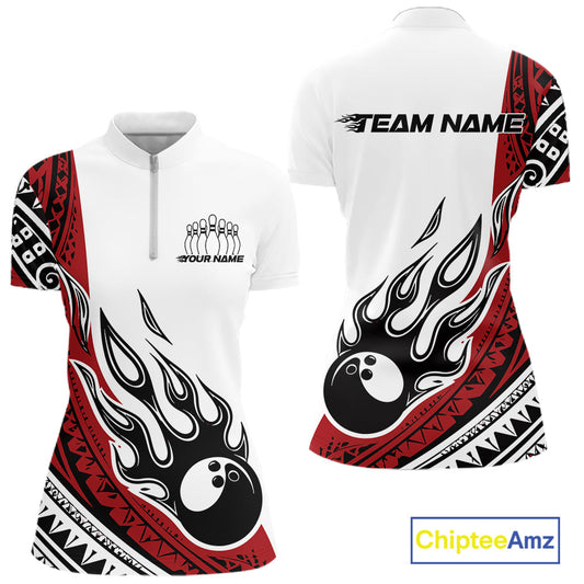 Custom Red Tribal Polynesian Pattern Women Bowling Shirt, Maori Style Bowling Outfit IPHW10326
