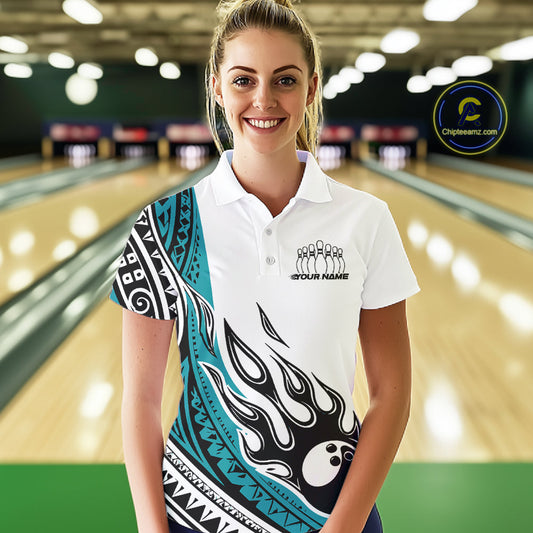 Custom Blue Tribal Polynesian Pattern Women Bowling Team Shirt, Maori Style Bowling Outfit IPHW10327