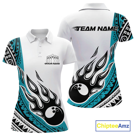 Custom Blue Tribal Polynesian Pattern Women Bowling Team Shirt, Maori Style Bowling Outfit IPHW10327