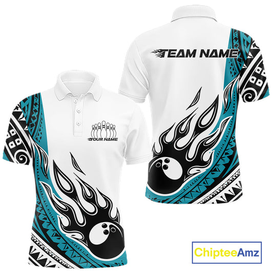 Custom Blue Tribal Polynesian Pattern Men Bowling Team Shirt, Maori Style Bowling Outfit IPHW10327