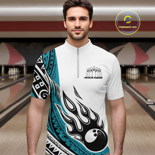 Custom Blue Tribal Polynesian Pattern Men Bowling Team Shirt, Maori Style Bowling Outfit IPHW10327