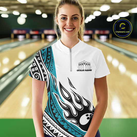 Custom Blue Tribal Polynesian Pattern Women Bowling Shirt, Maori Style Bowling Outfit IPHW10327