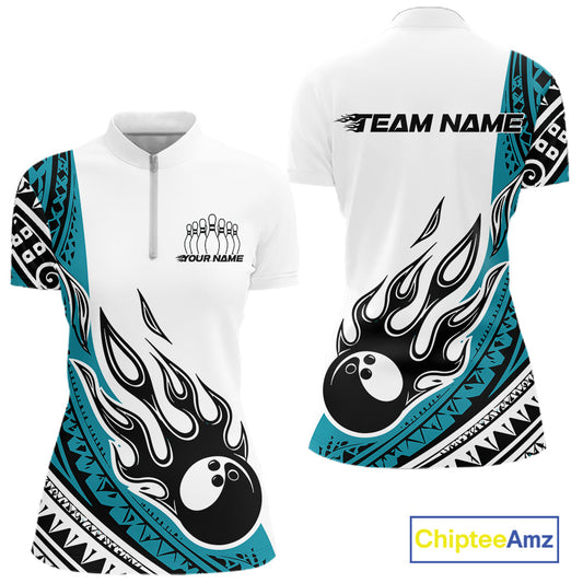Custom Blue Tribal Polynesian Pattern Women Bowling Shirt, Maori Style Bowling Outfit IPHW10327