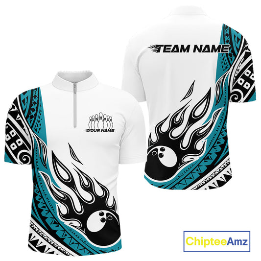 Custom Blue Tribal Polynesian Pattern Men Bowling Team Shirt, Maori Style Bowling Outfit IPHW10327