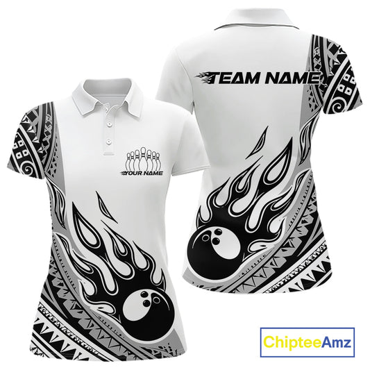 Custom Gray Tribal Polynesian Pattern Women Bowling Team Shirt, Maori Style Bowling Outfit IPHW10328