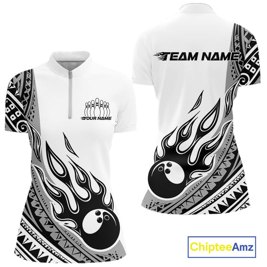 Custom Gray Tribal Polynesian Pattern Women Bowling Shirt, Maori Style Bowling Outfit IPHW10328