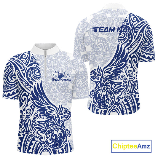 Custom Blue Tribal Tattoo Pattern Polynesian Owl Bowling Men Quarter-Zip Shirts IPHW10334