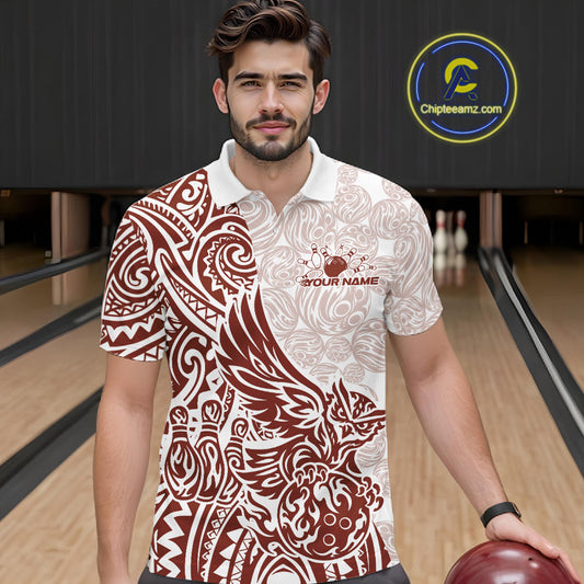 Custom Red Brown Tribal Tattoo Pattern Polynesian Owl Bowling Men Polo Shirts IPHW10335