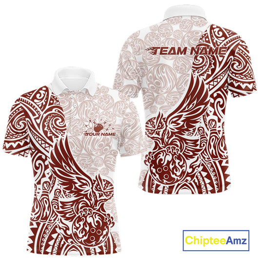 Custom Red Brown Tribal Tattoo Pattern Polynesian Owl Bowling Men Polo Shirts IPHW10335