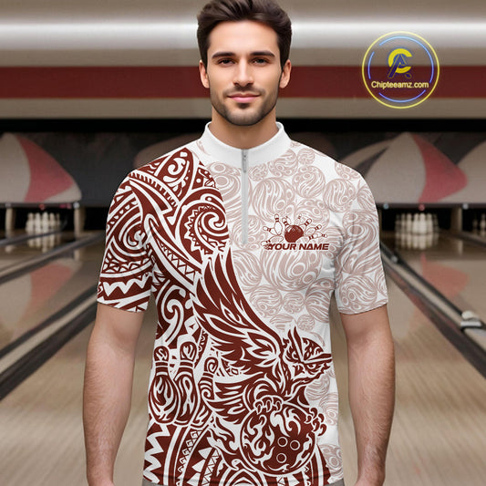 Custom Red Brown Tribal Tattoo Pattern Polynesian Owl Bowling Men Quarter-Zip Shirts IPHW10335