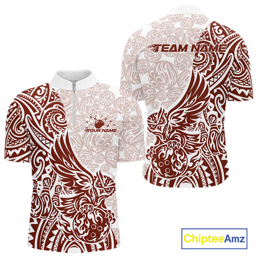 Custom Red Brown Tribal Tattoo Pattern Polynesian Owl Bowling Men Quarter-Zip Shirts IPHW10335