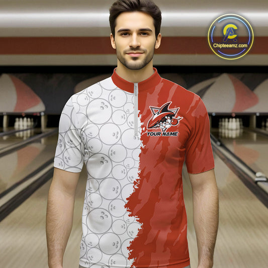 Custom White And Orange Shark Bowling Quarter-Zip Shirts For Men, Shark Bowling League Shirt IPHW8991