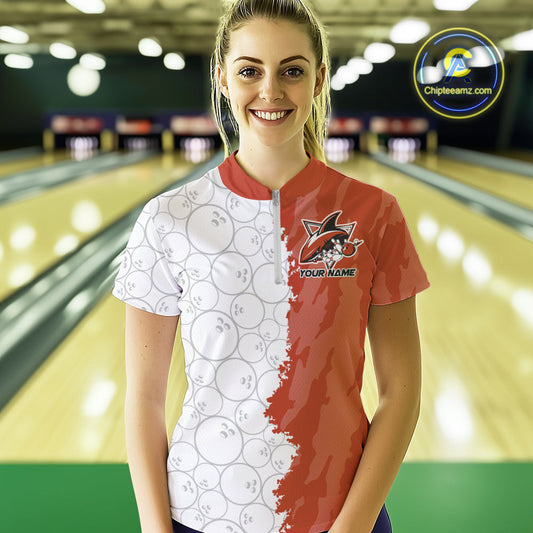Custom White And Orange Shark Bowling Women Quarter-Zip Shirt, Shark Bowling League Shirt IPHW8991