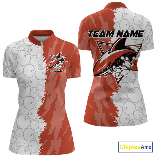 Custom White And Orange Shark Bowling Women Quarter-Zip Shirt, Shark Bowling League Shirt IPHW8991
