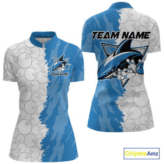 Custom White And Blue Shark Bowling Women Quarter-Zip Shirts, Shark Bowling League Shirt IPHW8993