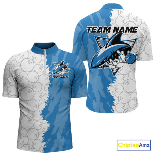 Custom White And Blue Shark Bowling Quarter-Zip Shirts For Men, Shark Bowling League Shirt IPHW8993