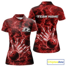 Load image into Gallery viewer, Custom Red Fire Flame Bowling Women Polo Tournament Shirt, Team Bowling Jerseys IPHW11103