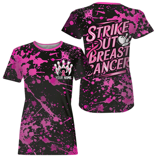 Custom Black And Pink Strike Out Breast Cancer Awareness Pink Ribbon T-Shirts For Women IPHW7049