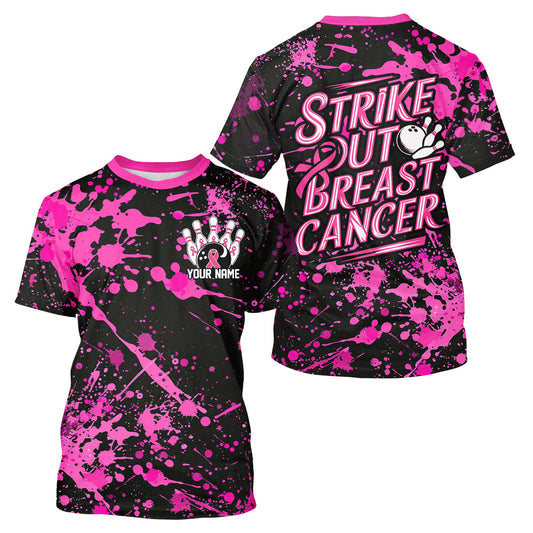 Custom Black And Pink Strike Out Breast Cancer Awareness Pink Ribbon T-Shirts For Men IPHW7049