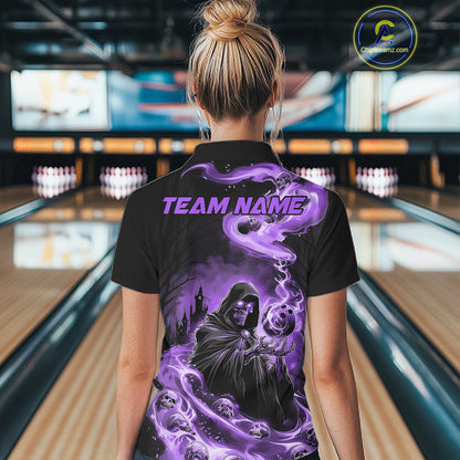 Black And Purple Grim Reaper Custom Halloween Bowling Team Shirts For Women, Bowling Gifts IPHW7613
