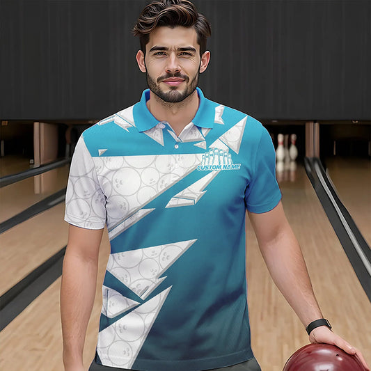 Custom White And Blue Bowling Team Polo Shirts For Men, Bowling Ball Pattern Bowlers Outfit IPHW8741