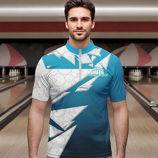 Custom White And Blue Bowling Team Quarter-Zip Shirts For Men, Bowling Ball Pattern Bowlers Outfit IPHW8741
