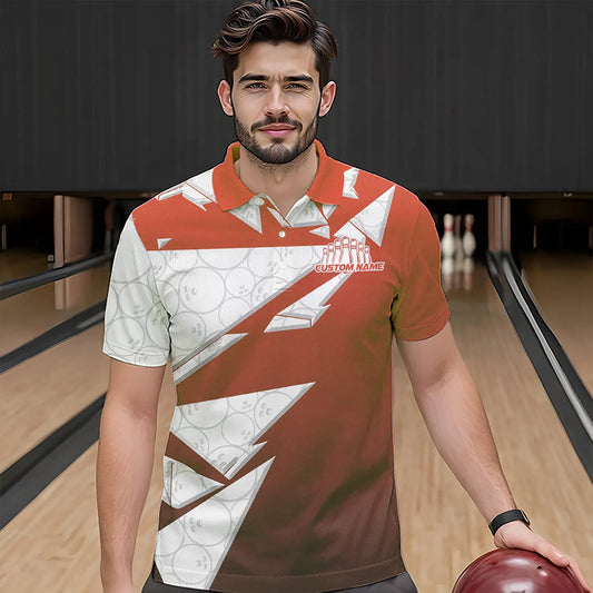 Custom White And Orange Bowling Team Polo Shirts For Men, Bowling Ball Pattern Bowlers Outfit IPHW8743