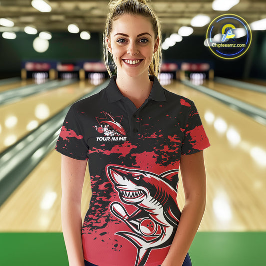 Custom Black And Red Camo Shark Bowling Team Women Polo Shirts, Bowling Tournament Shirt IPHW8995