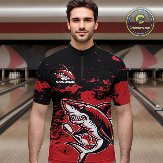 Custom Black And Red Camo Shark Bowling Team Men Quarter-Zip Shirts, Bowling Tournament Shirt IPHW8995