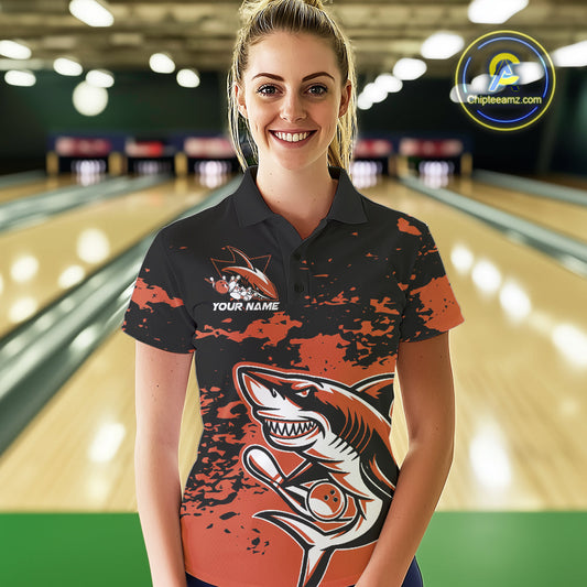 Custom Black And Ornage Camo Shark Bowling Women Polo Shirts, Bowling Tournament Shirt IPHW8998
