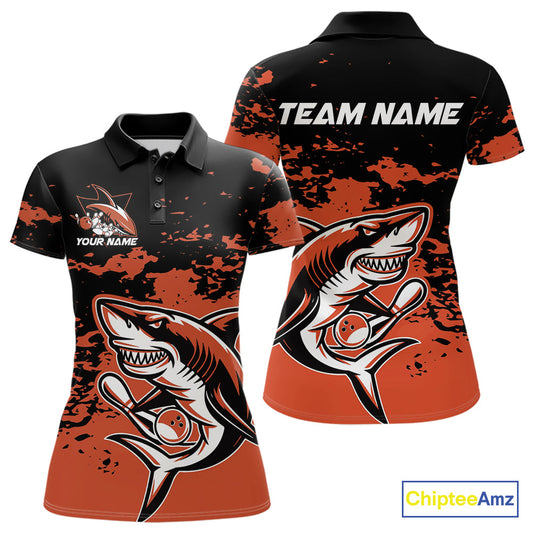 Custom Black And Ornage Camo Shark Bowling Women Polo Shirts, Bowling Tournament Shirt IPHW8998