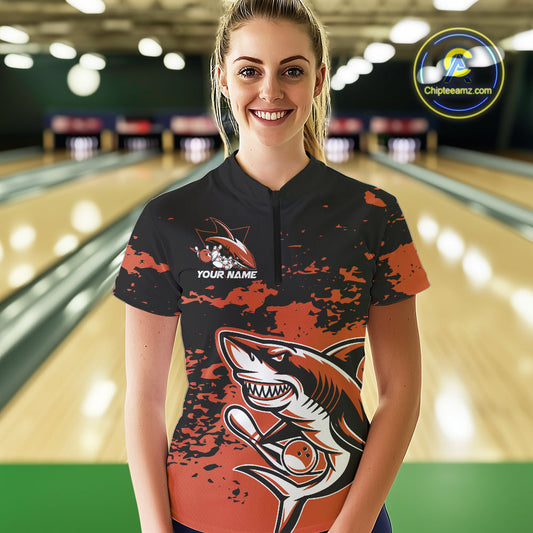 Custom Black And Ornage Camo Shark Bowling Women Quarter-Zip Shirt, Tournament Shirt IPHW8998