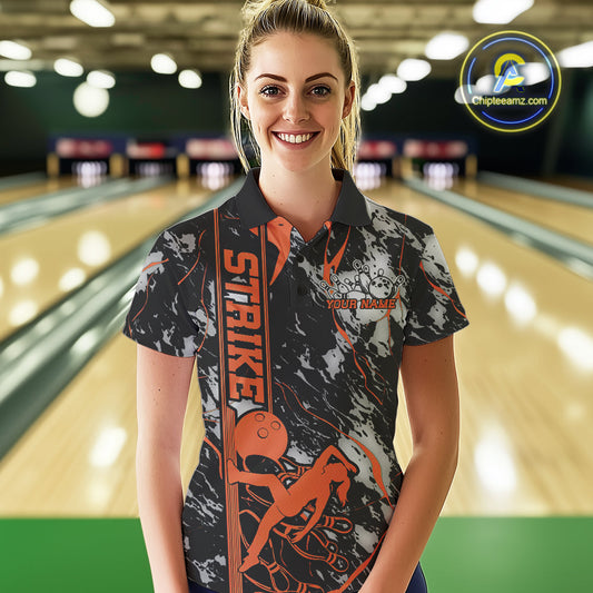 Custom Orange And Gray Camo Strike Bowling Women Polo Team Shirts, Strike Bowling Jersey IPHW9244