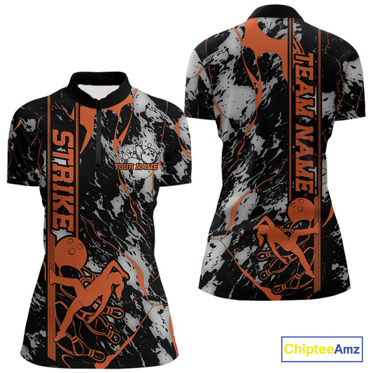 Custom Orange And Gray Camo Strike Bowling Women Quarter-Zip Team Shirts, Bowling Jersey IPHW9244