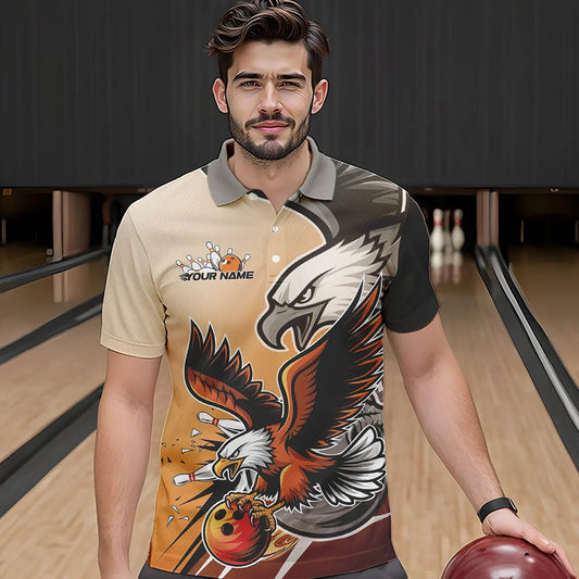 Custom Eagle Bowling Jerseys With Names, Orange Eagle Bowling League Men Polo Shirts IPHW8762