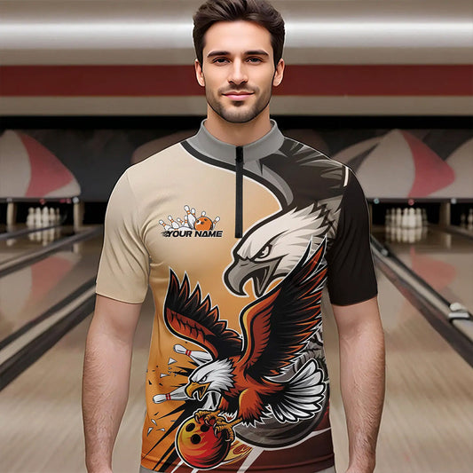 Custom Eagle Bowling Jerseys With Names, Orange Eagle Bowling League Men Quarter-Zip Shirts IPHW8762