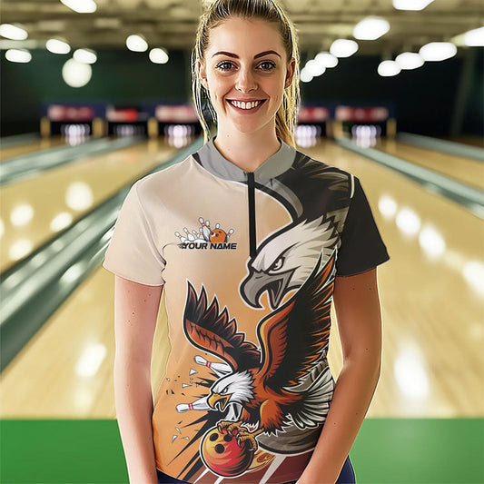 Custom Eagle Bowling Jerseys With Name, Orange Eagle Bowling League Women Quarter-Zip Shirt IPHW8762