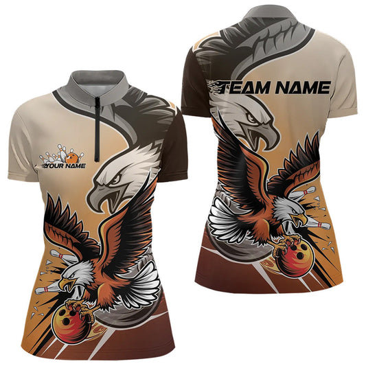 Custom Eagle Bowling Jerseys With Name, Orange Eagle Bowling League Women Quarter-Zip Shirt IPHW8762
