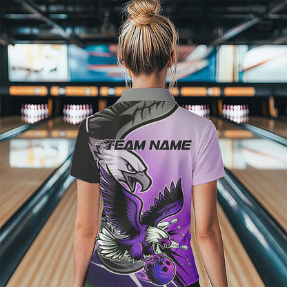 Custom Eagle Bowling Jerseys With Names, Purple Eagle Bowling League Women Polo Shirts IPHW8763