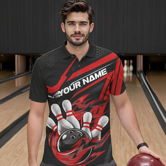 Custom Black And Red Flame Bowling Team Polo Shirts For Men, Fire Bowling League Shirt IPHW8768