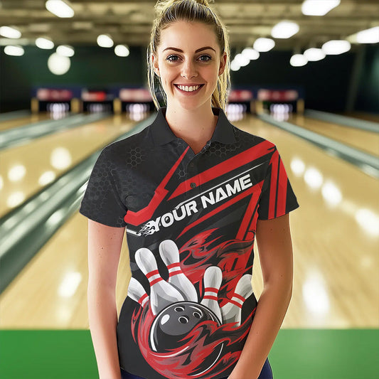 Custom Black And Red Flame Bowling Team Polo Shirts For Women, Fire Bowling League Shirt IPHW8768