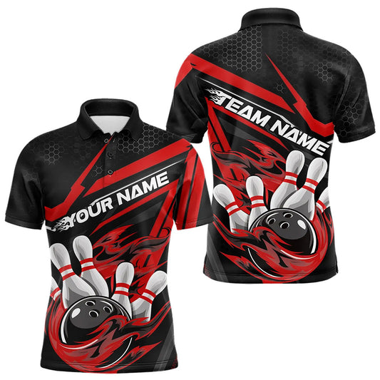Custom Black And Red Flame Bowling Team Polo Shirts For Men, Fire Bowling League Shirt IPHW8768