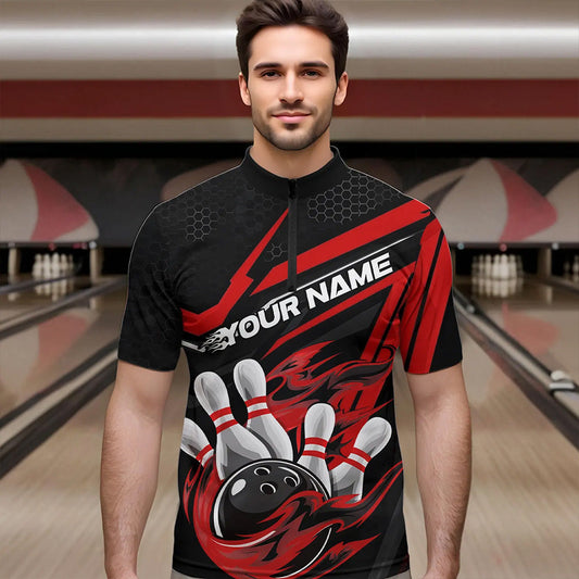 Custom Black And Red Flame Bowling Team Quarter-Zip Shirts For Men, Fire Bowling League Shirt IPHW8768