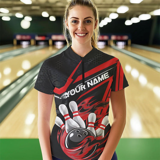 Custom Black And Red Flame Bowling Team Women Quarter-Zip Shirts, Fire Bowling League Shirt IPHW8768