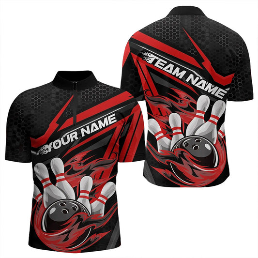Custom Black And Red Flame Bowling Team Quarter-Zip Shirts For Men, Fire Bowling League Shirt IPHW8768