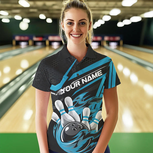 Custom Black And Blue Flame Bowling Team Polo Shirts For Women, Fire Bowling League Shirt IPHW8769